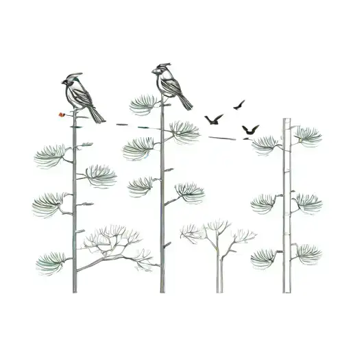 5 Evergreen Trees In A Row With A Cardinal On 2Nd Tree From Left