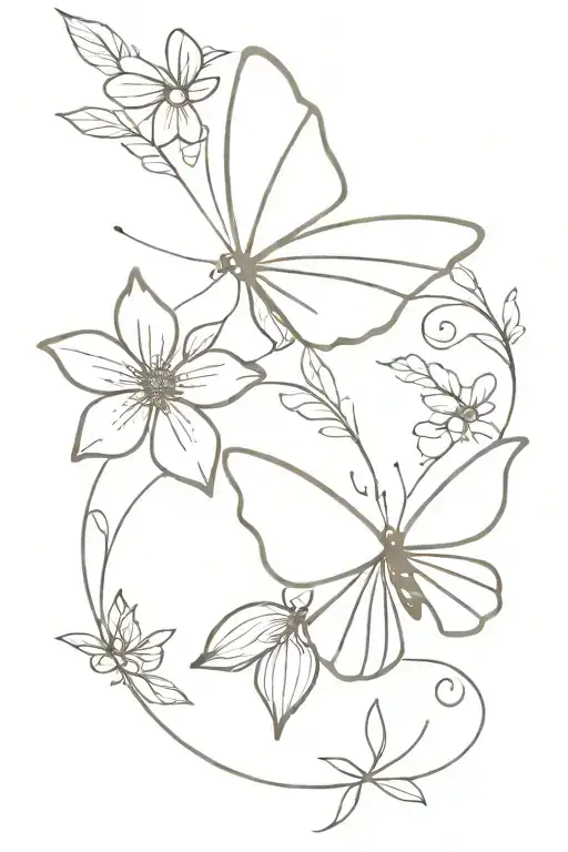 Butterfly With Flowers Intertwined Fine Line