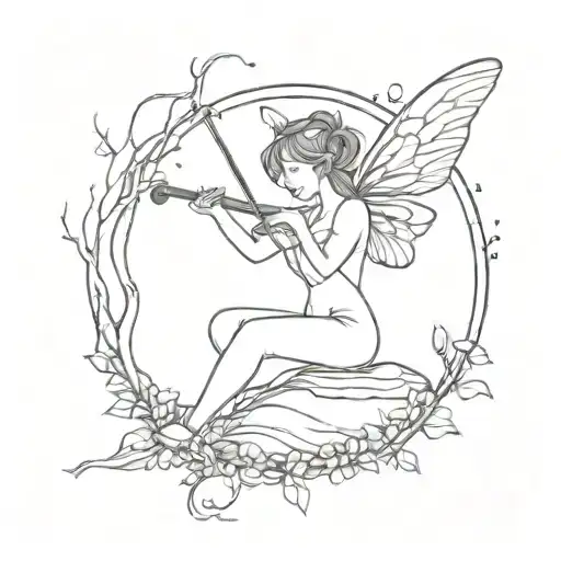 A Minimalist Tattoo Design Of A Fairy Playing A Musical Instrument In A Mystical Forest