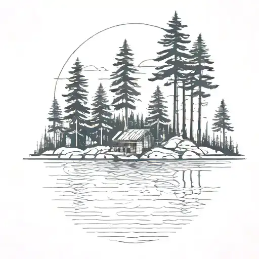 Island On Lake With Pine Trees And Small Cabin Nestled No Mountains
