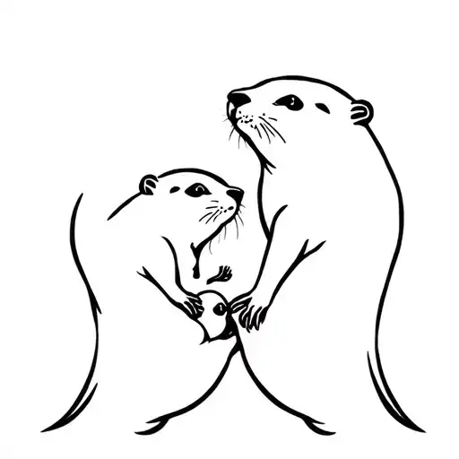 Two Otters Holding Paws With Baby Otter In The Middle