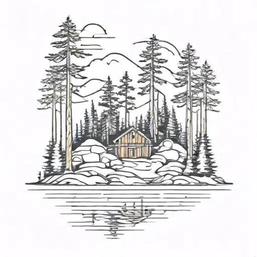 Island On Lake With Pine Trees And Small Cabin Nestled No Mountains