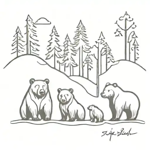 Family Of Four Bears In Forest Scene