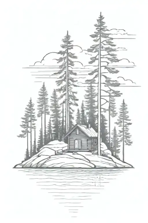 Small Cabin Nestled On Island With Pine Trees