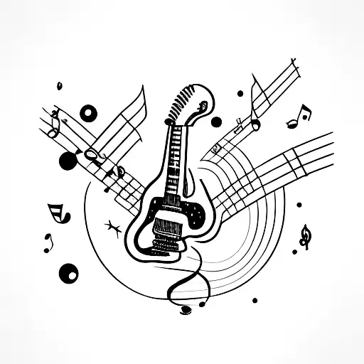 A Minimalist Tattoo Of A Candy Guitar With Musical Notes As Strings