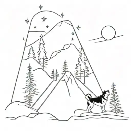 Mountain Forest Landscape With Stars And Northern Lights And 1 Beagle And 1 Alaskan Malamute
