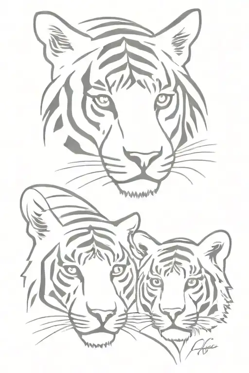 Fine Line Tattoo Of Mother Tiger With Two Cubs Face Only