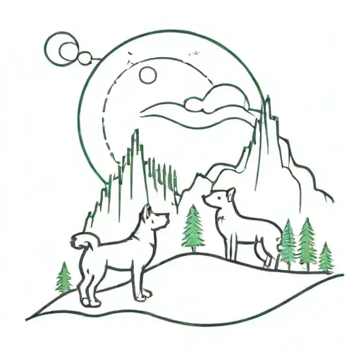 Forest Mountain Landscape And 2 Dogs And Northern Lights