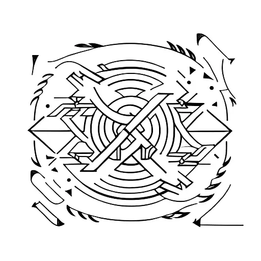 A Vertical Black Minimal Tattoo For Back Arm With Sanskrit Letter And Arrow Shaped