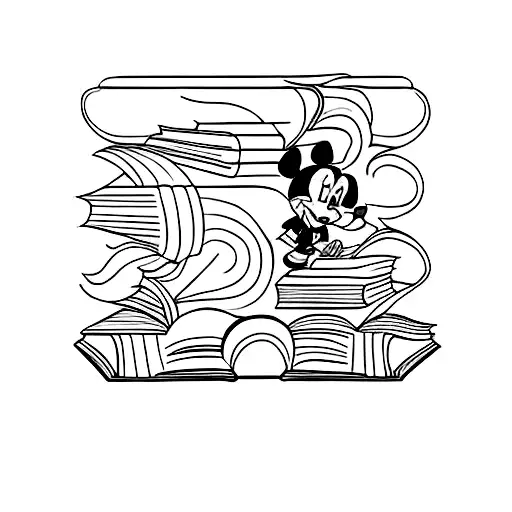 A Minimalist Tattoo Of A Bookshelf With Disney Characters As Book Covers