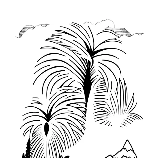 Palm Tree And Columnar Pine And Sea And Mountain