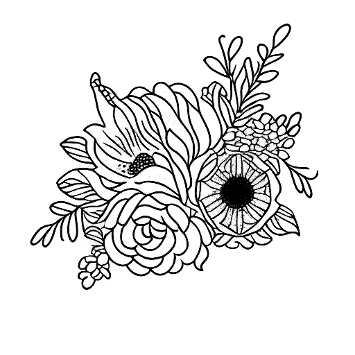 A Dotwork Tattoo Of A Floral Wreath With The Client's Favorite Birth Flowers