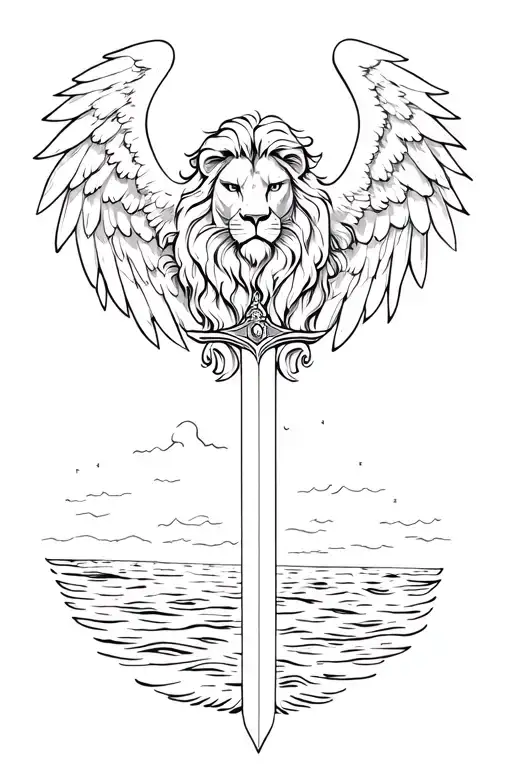 Angel Wings With Lion Head And Sword With Sea View