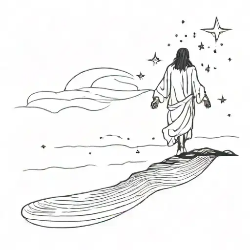 A Silhouette Of Jesus Walking On Water With A Backdrop Of A Starry Night Sky