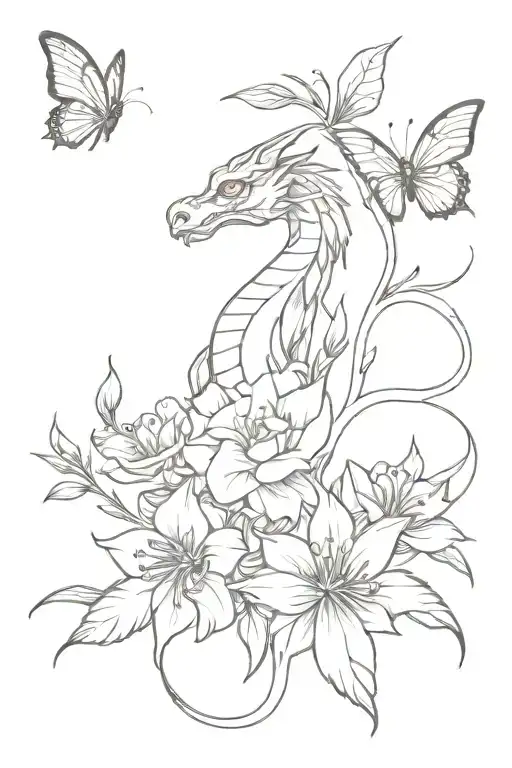 Red Dragon In A Flower Bunch With Butterflies