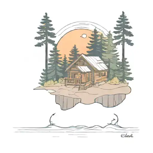 Tiny Cabin Nestled On Island With Pine Trees Colors Sunset