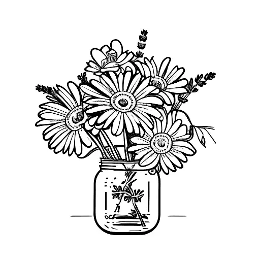 Daisies And Lavender In A Mason Jar With Two Ice Cubes In The Water Of The Mason Jar