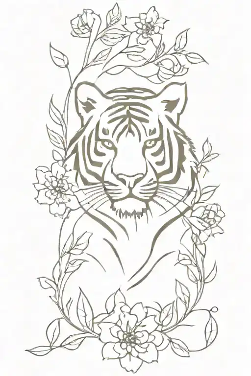 Tiger With Rodhodendron Petal Flowers Blooming