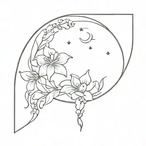 Crescent Moon And Larkspur Flowers Intertwined