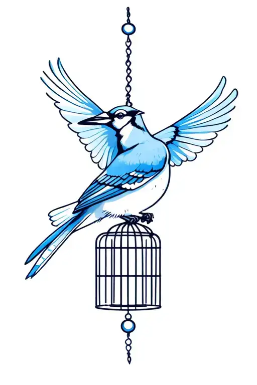 Blue Jay Flying Out Of Cage With Cage Behind Bird