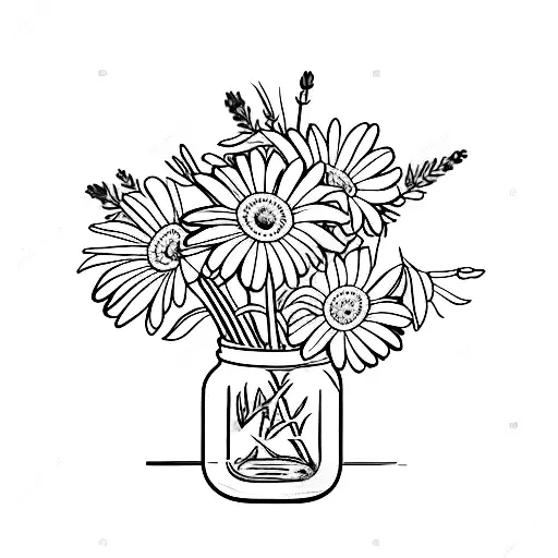 Daisies And Lavender In A Mason Jar With Two Ice Cubes In The Water Of The Mason Jar