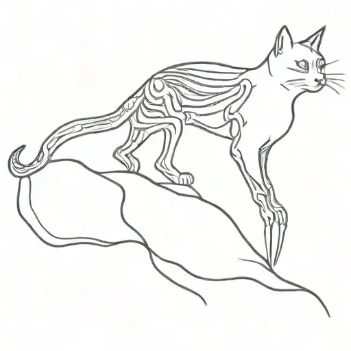 Cat Watching The Sunset With Human Skeleton