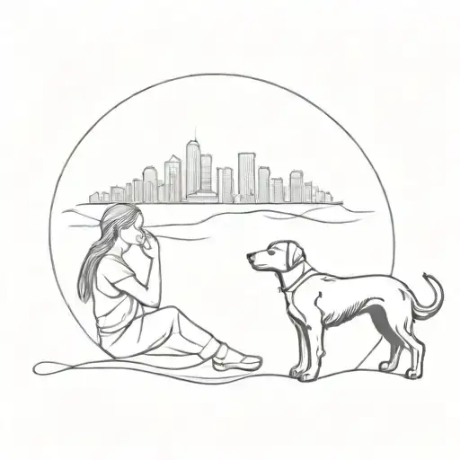 Dog And Woman Watching Sunset Skyline