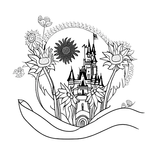 A Minimalist Tattoo Of The Disney Castle Surrounded By Sunflowers And Lilies