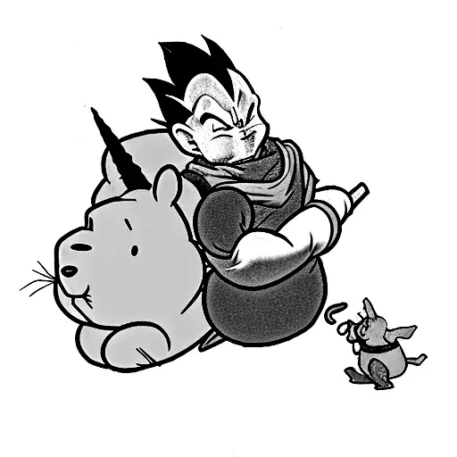 A Minimalist Portrait Of Vegeta With Winnie The Pooh And A Unicornio In The Background
