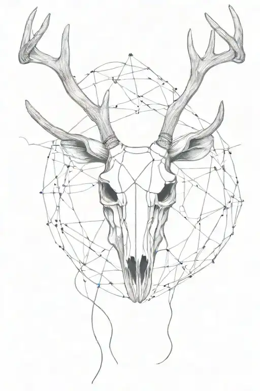 Fine Line Deer Skull With Cob Webs In Antlers