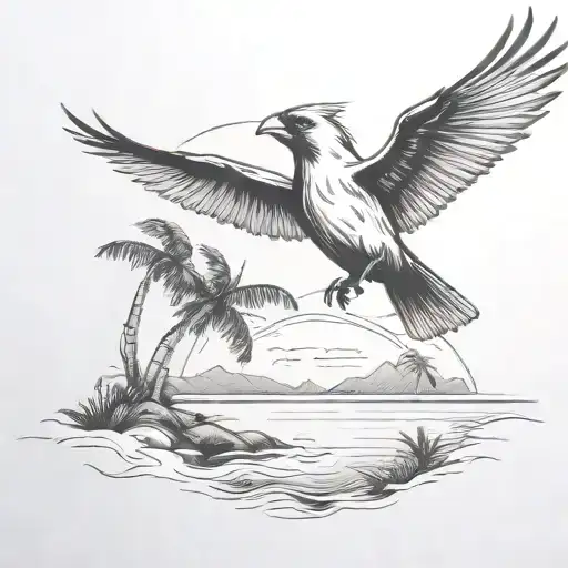 Flying Cardinal To The Ocean And Palm Tree With Clouds