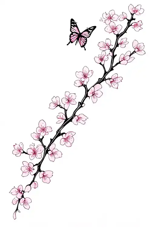 Fine Line Cherry Blossom Branch With A Butterfly Next To It