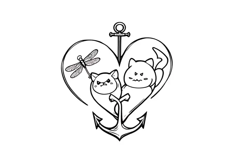 Heart And Anchor Connected Line With Dragonfly And Snorlax Head Inbetween The Heart And Anchor