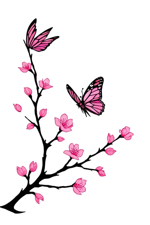 Fine Line Cherry Blossom Branch Small With A Butterfly Turning To It