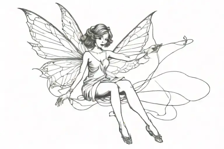 Black And White Fine Line Old Fasion Fairy Flying