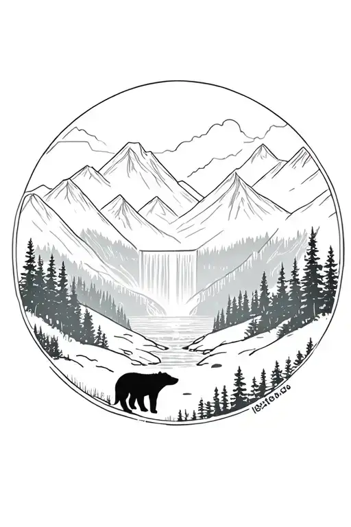 Wolf And Bear In The Woods With Mountains And A Waterfall
