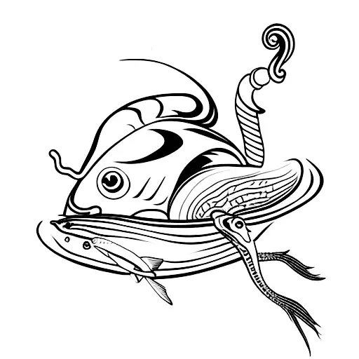 Snail Dragging A Fish On A Fishing Pole