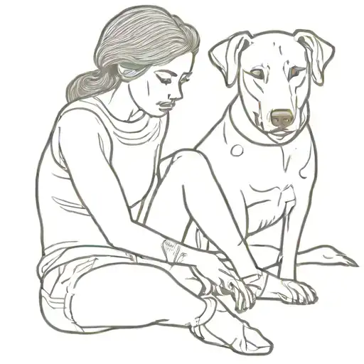 A Girl Sits Full-face And Hugs A Dog Sitting To Her Right