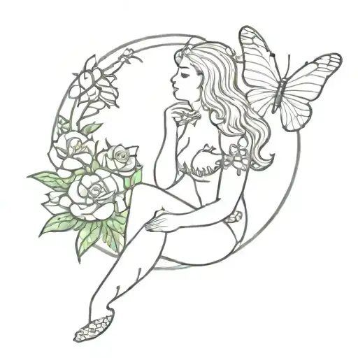 Butterflies Surrounding A Mermaid Sitting On A Rose Garden