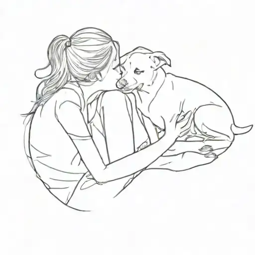 A Girl Sits Full-face And Hugs A Dog Sitting To Her Left