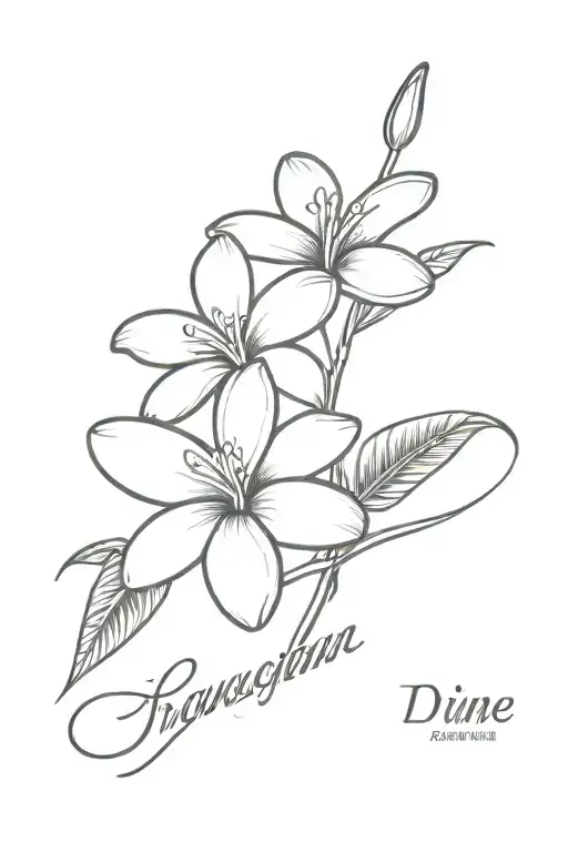 Frangipani Fine Line Art Tattoo Design Featuring Flower Stem And Name Dianne In Cursive