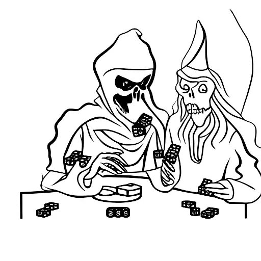 The Grim Reaper And A Witch Playing Dice On A Table