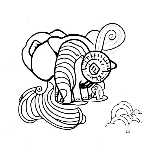 Baby Elephant Sitting On A Hot Air Ballon And Half A Rainbow Over Them