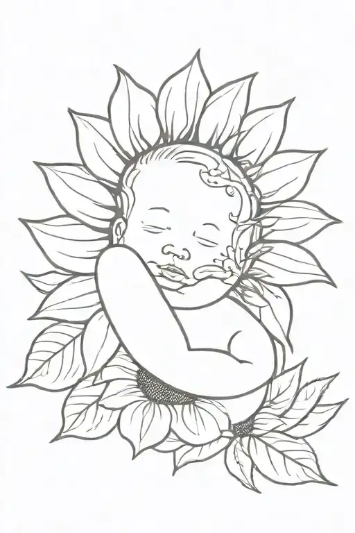Baby Sleeping Extending Into Sunflower Blooming