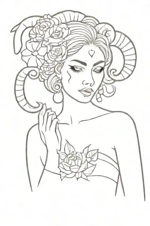 Aries Girl With Ram Horns Holding Flower Out To Give