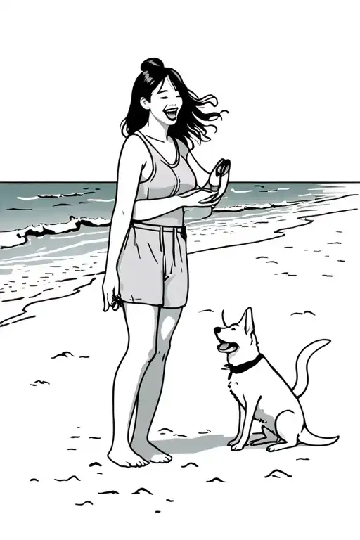 Cute Asian Woman Holding Dog Playing And Laughing At The Beach