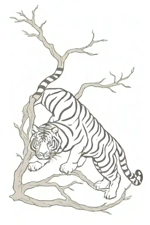 Tiger Climbing Down Branch Whole Body