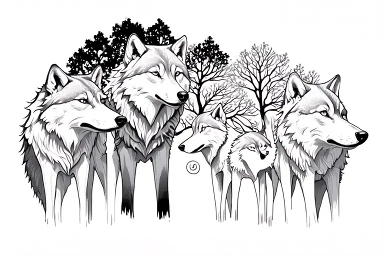 5 Wolves Representing Family Tree