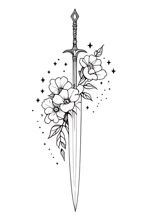 Dagger With Flowers And Stars Shining