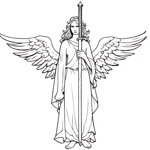 Angel With Wings Spread Holding A Sword Piercing